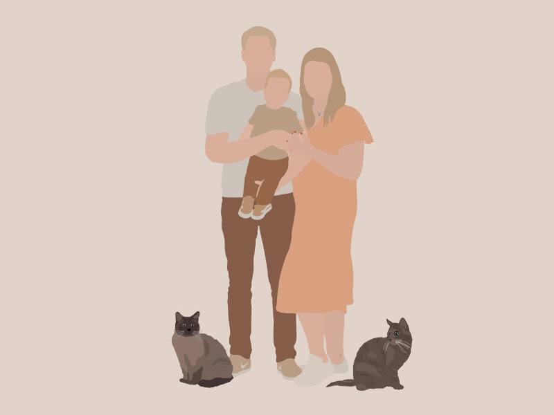 Illustratie van vader moeder en zoontje met twee katten