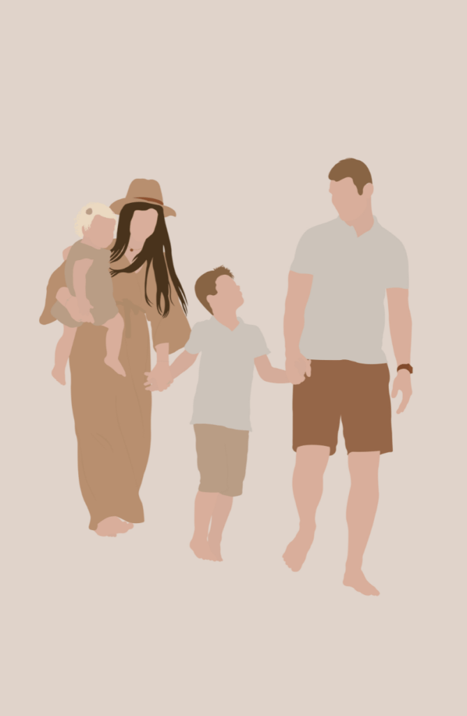 Illustratie van vader, moeder, zoon en dochter in bruin tinten
